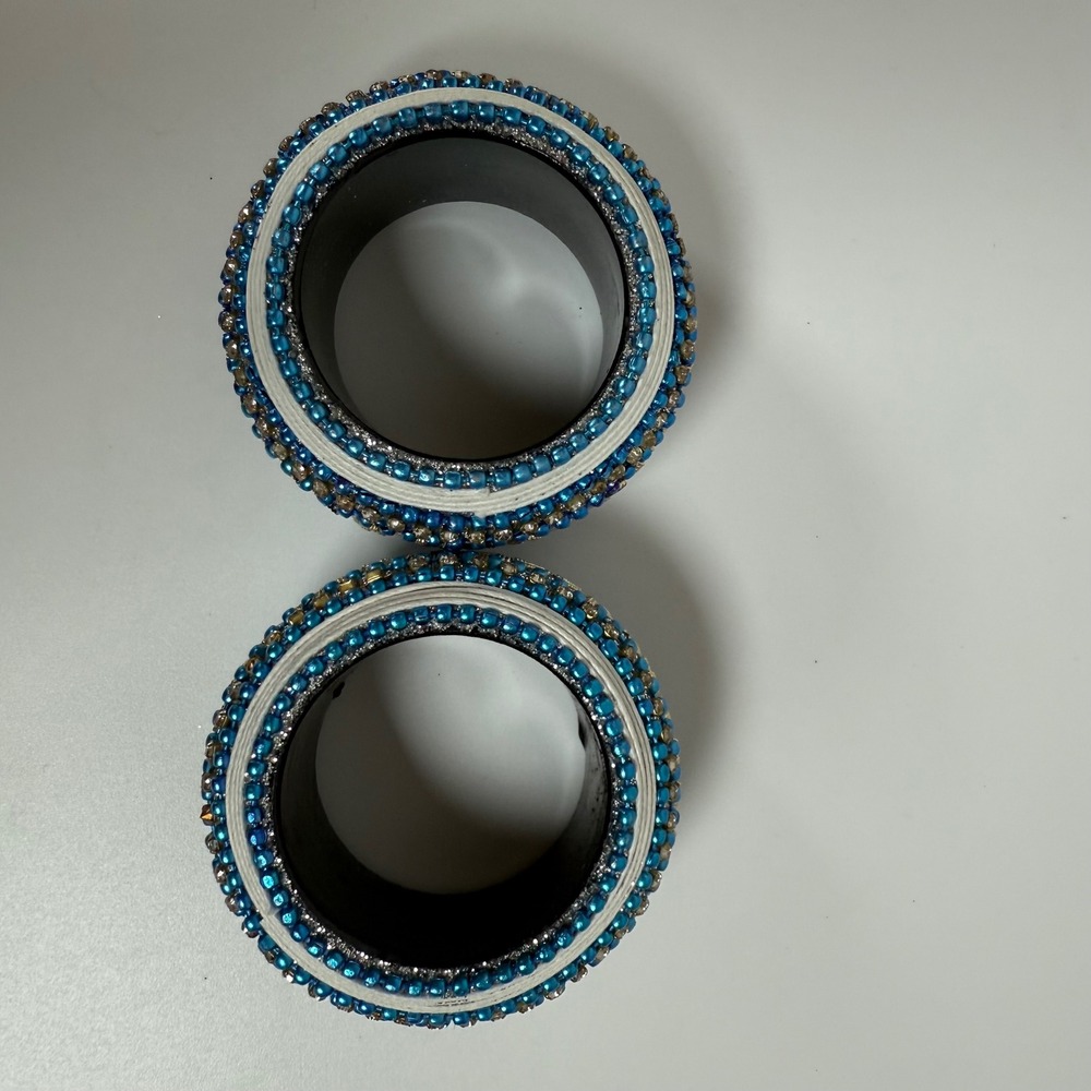 Aman Beaded Napkin Rings Set of 2‎ Blue Gold Decorative Dining Table - Picture 3 of 5